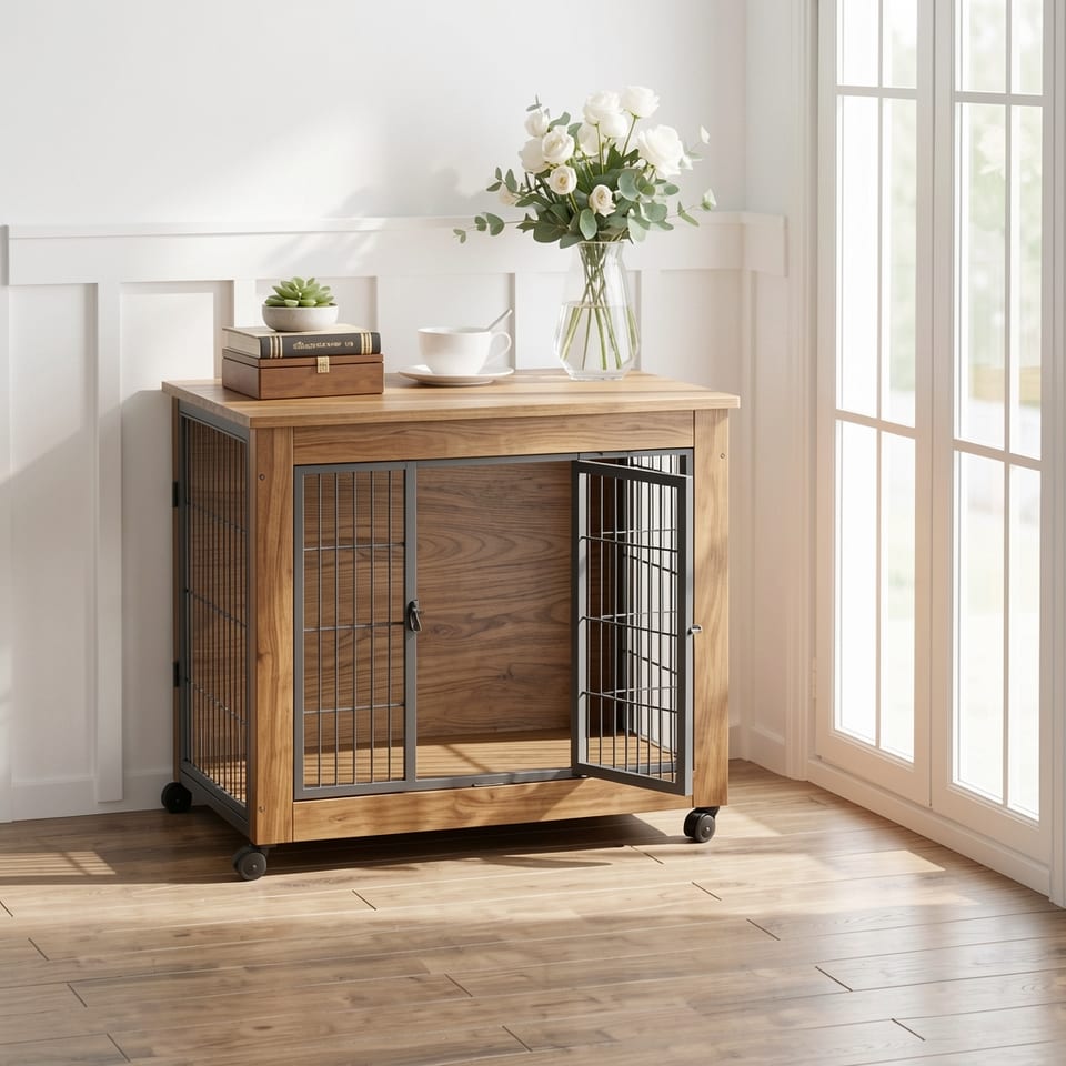Wooden dog crate furniture with wheels and two doors, styled with flowers and books