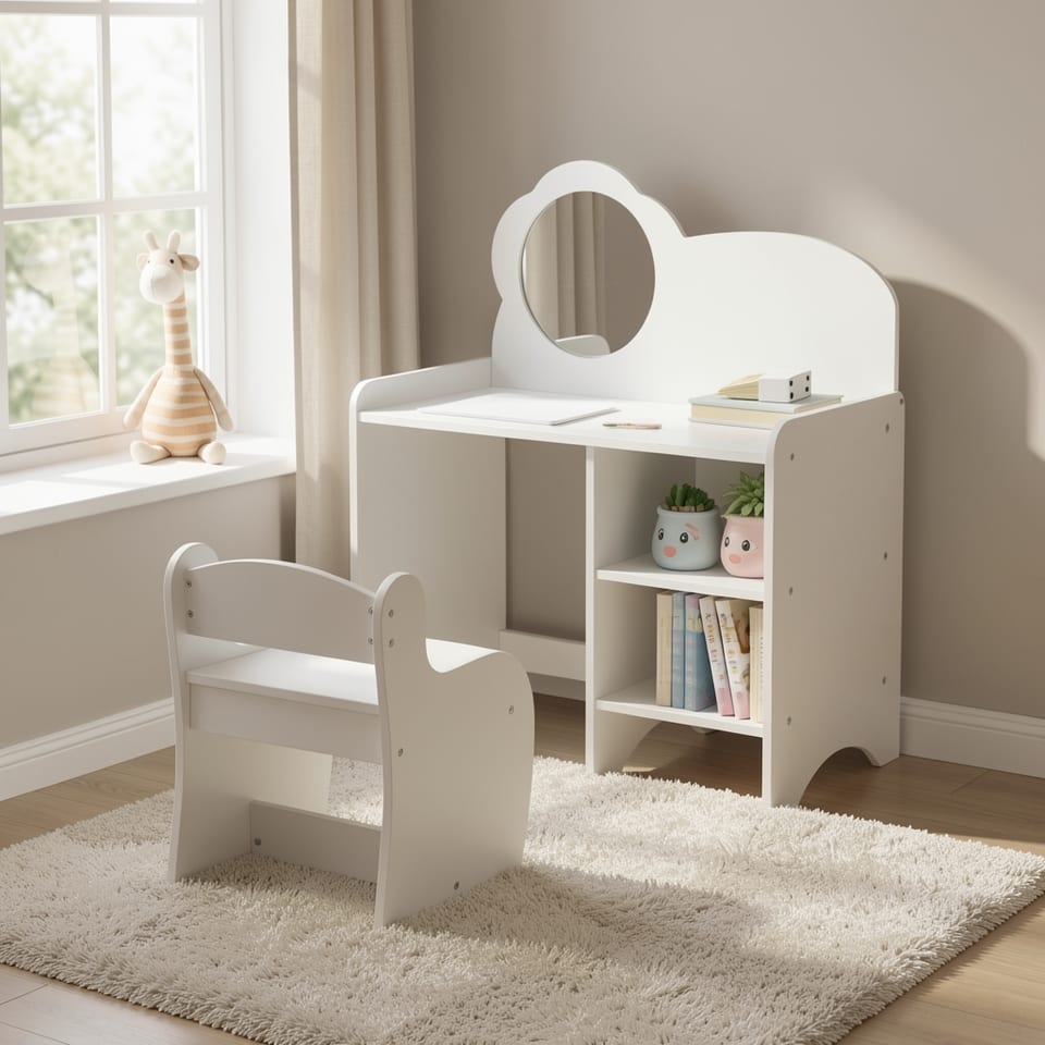 White kids vanity table with mirror and chair in a child's room
