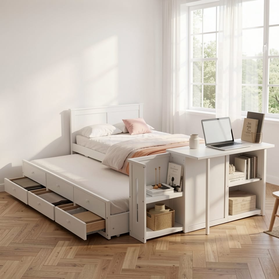 White wooden platform bed with desk and storage