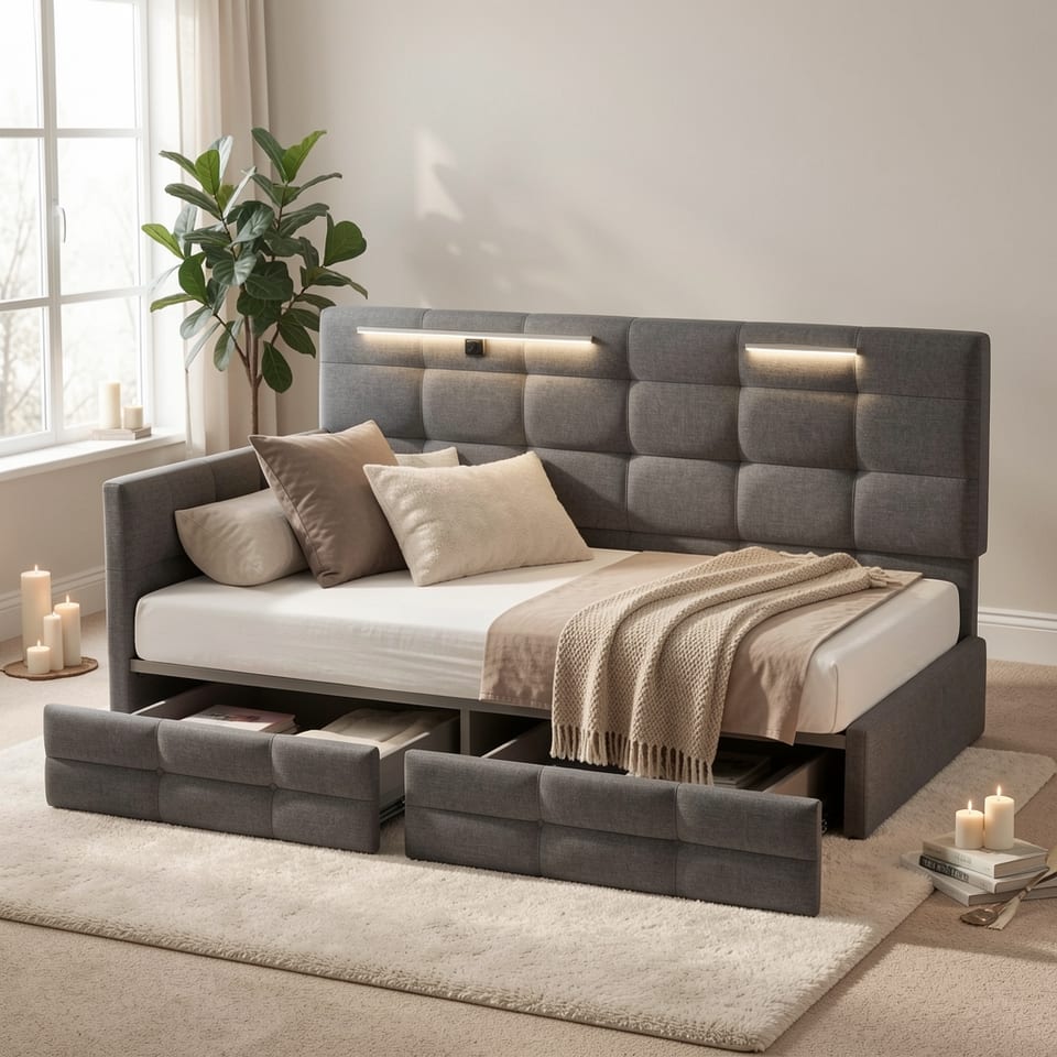 Gray upholstered daybed with storage and LED lights