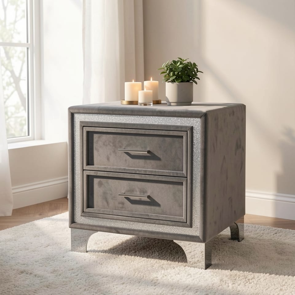 Gray velvet nightstand with silver glitter strip and metal legs