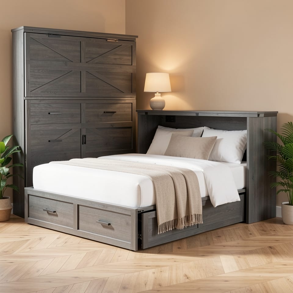 Rustic gray murphy bed with storage and charging station