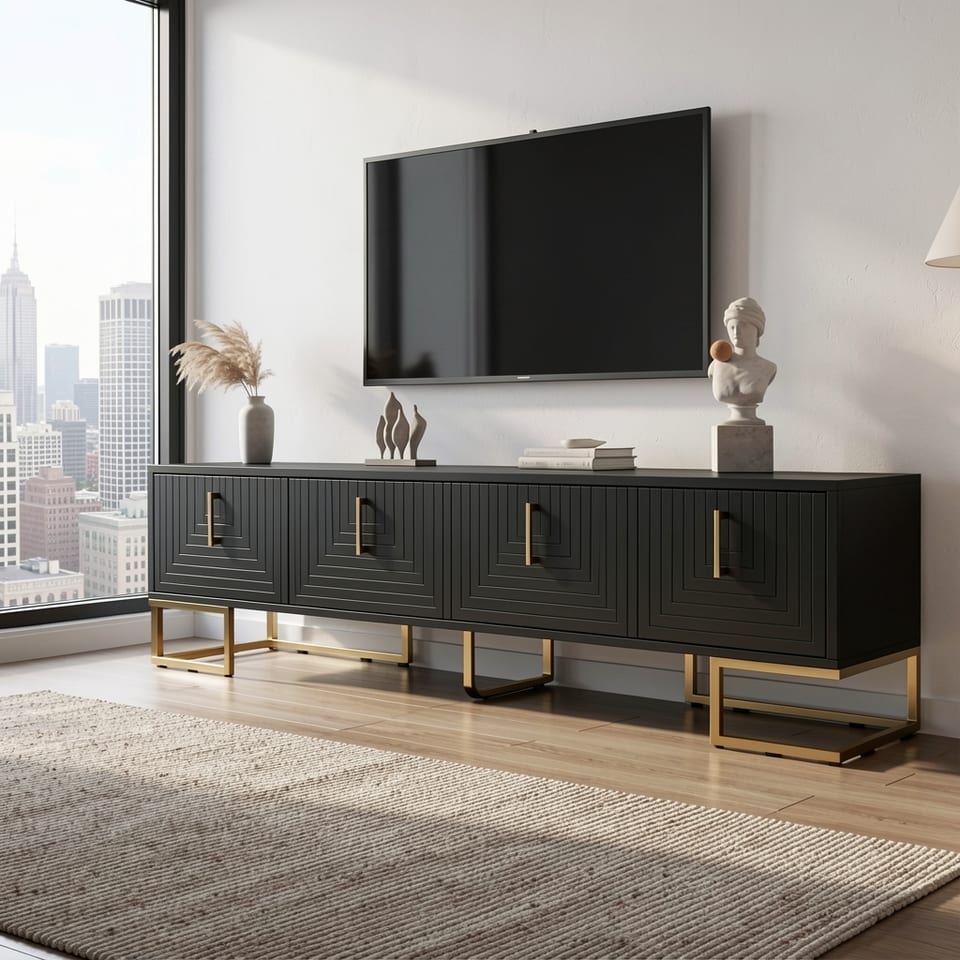 Modern black TV stand with gold handles and metal legs in a living room