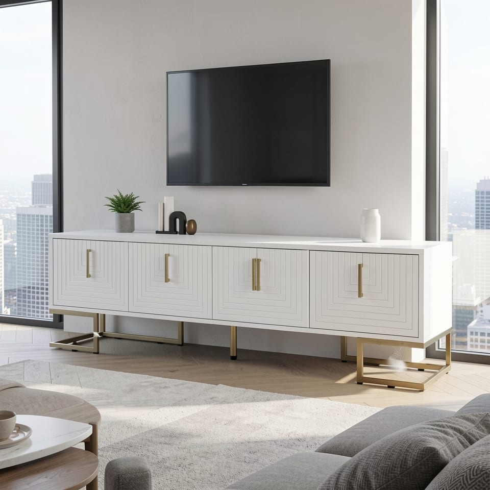 Modern white TV stand with gold handles and metal legs in a stylish living room
