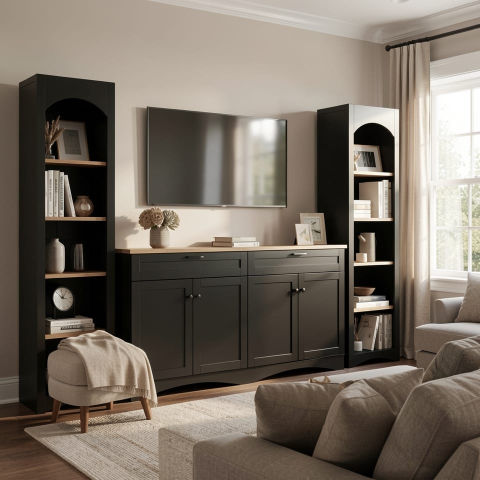 Black and wood TV stand with storage cabinet and adjustable shelves