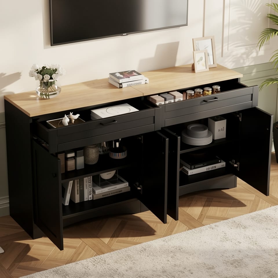 Black TV stand with wooden top and two drawers open