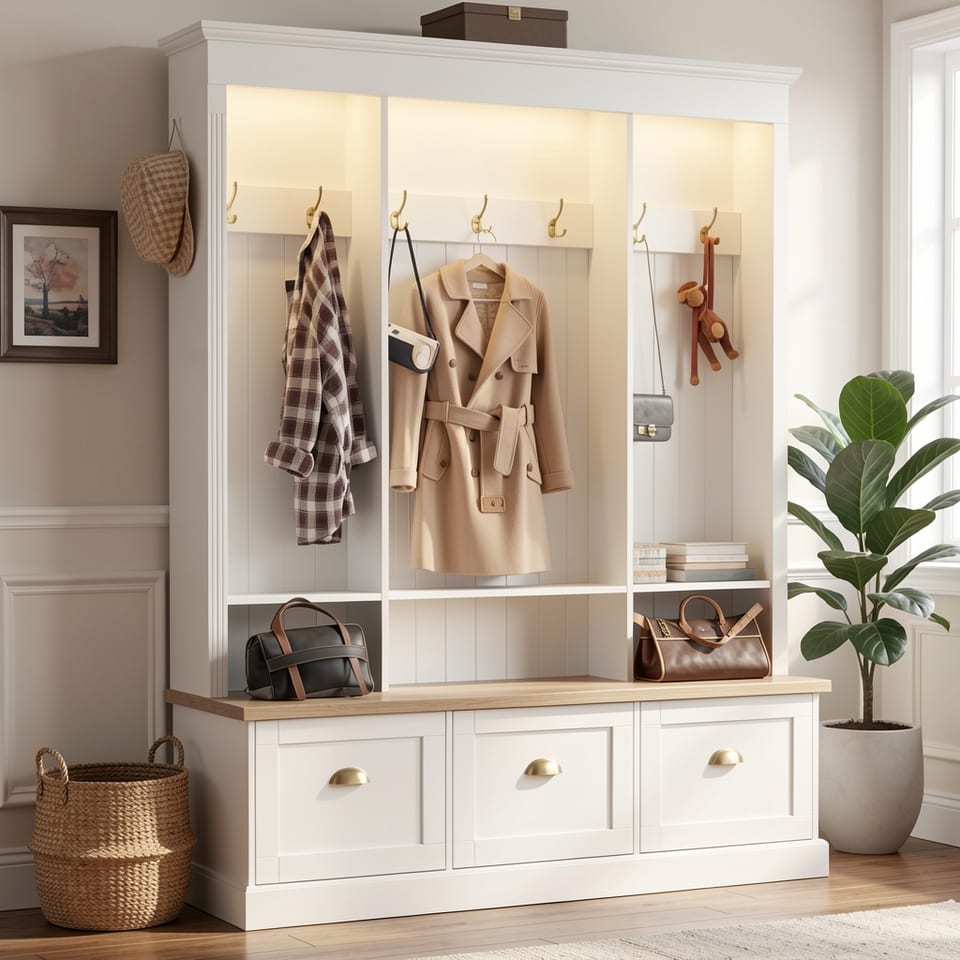 Elegant hall tree with LED lights and storage bench