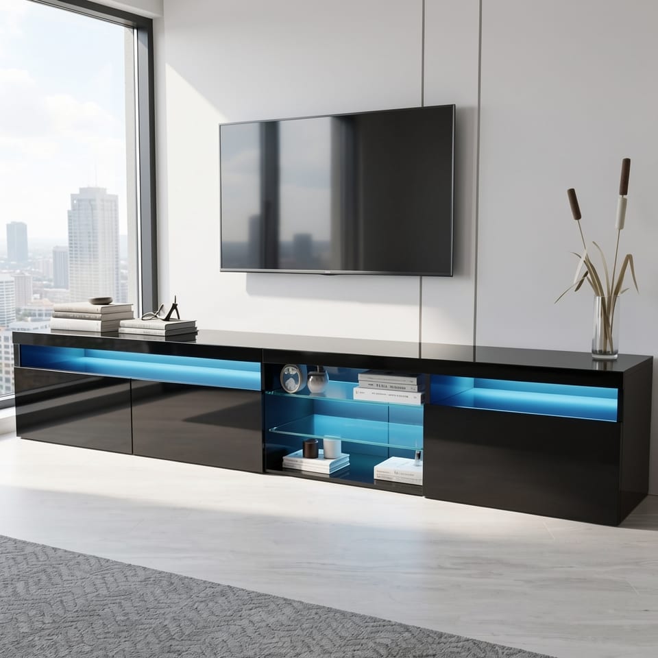 Modern black TV stand with blue LED lights and glass shelves