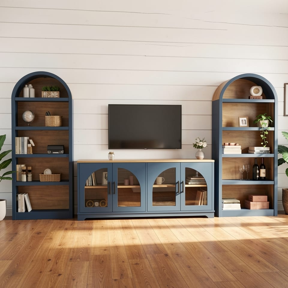 Blue and wood grain 3-piece TV stand set with bookshelves and tempered glass doors