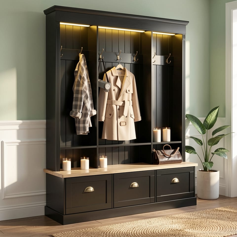 Black hall tree with hooks, drawers, and LED lights