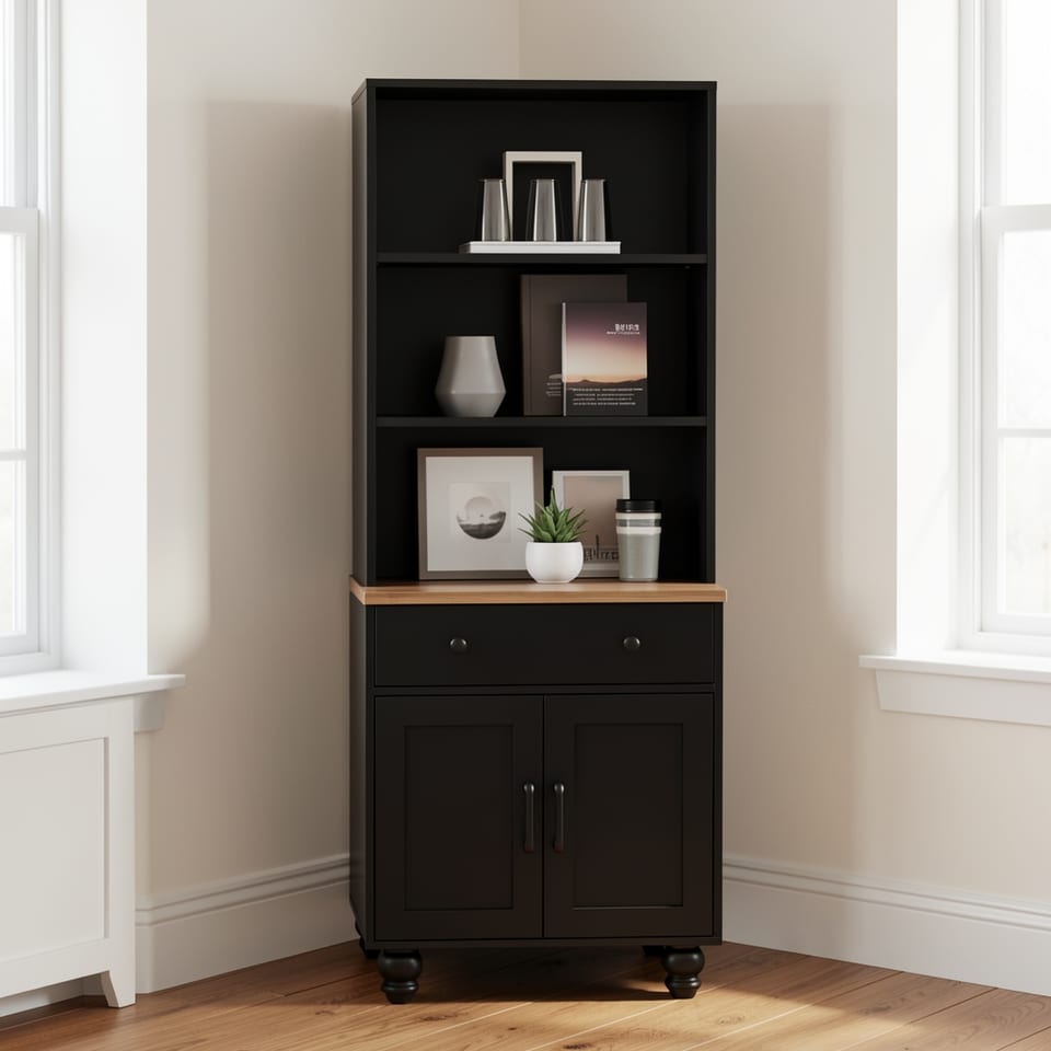 Black farmhouse storage cabinet with 4 solid wood gourd-shaped legs