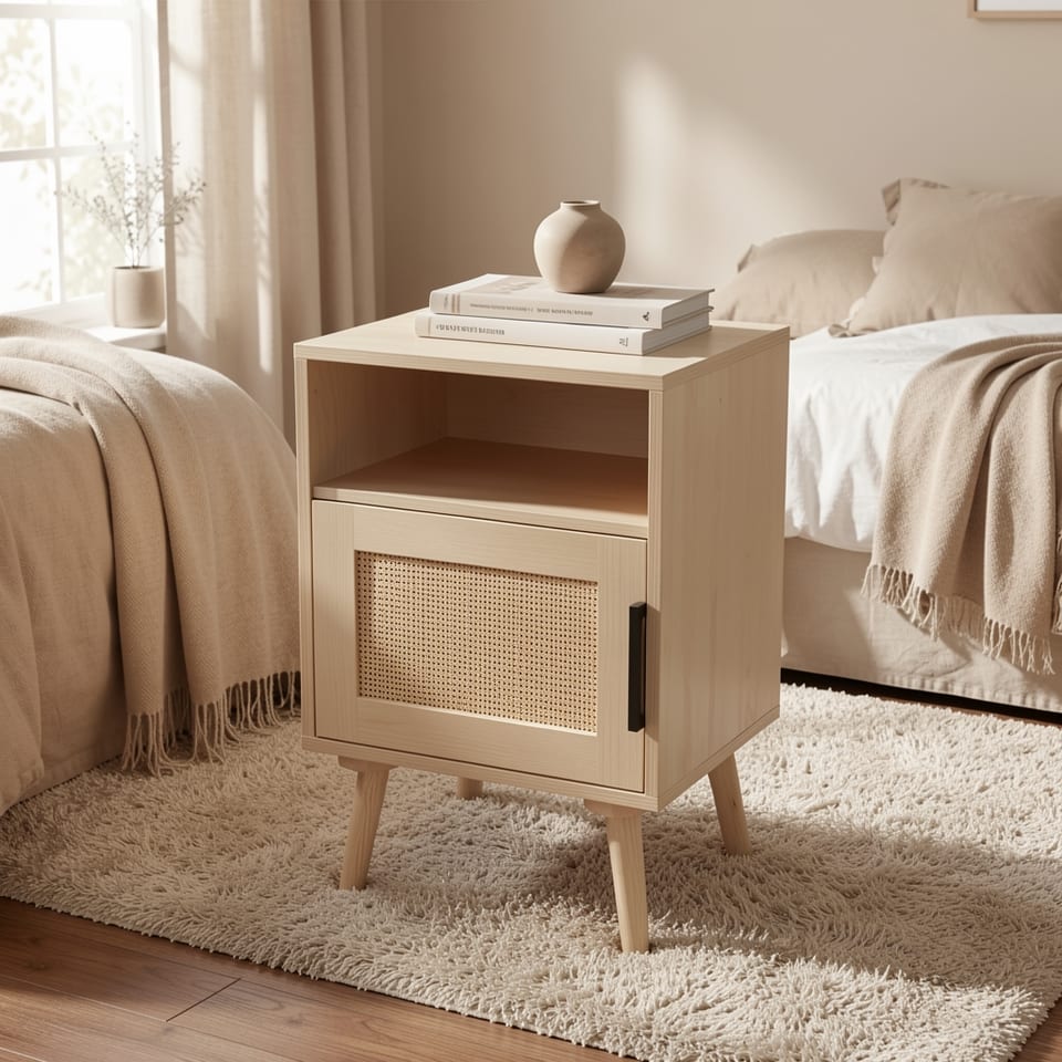 Light wood nightstand with rattan door and open shelf, holding books and decor