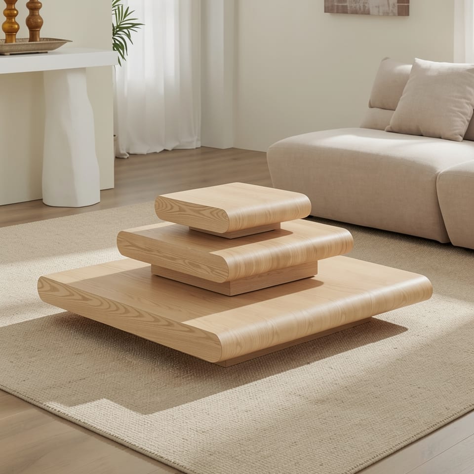 A 3-piece modular stacking coffee table set made of MDF with a natural wood look, comprising a large square table, a smaller square table, and a rectangular tab