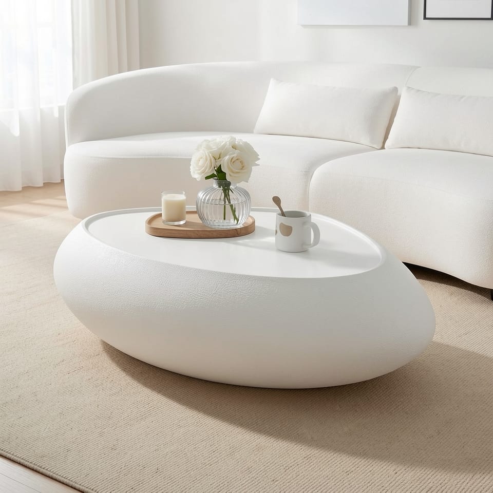 Oval coffee table with faux matte rocks texture in a living room