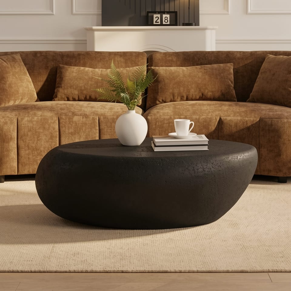 Black fiberglass coffee table in front of a brown couch