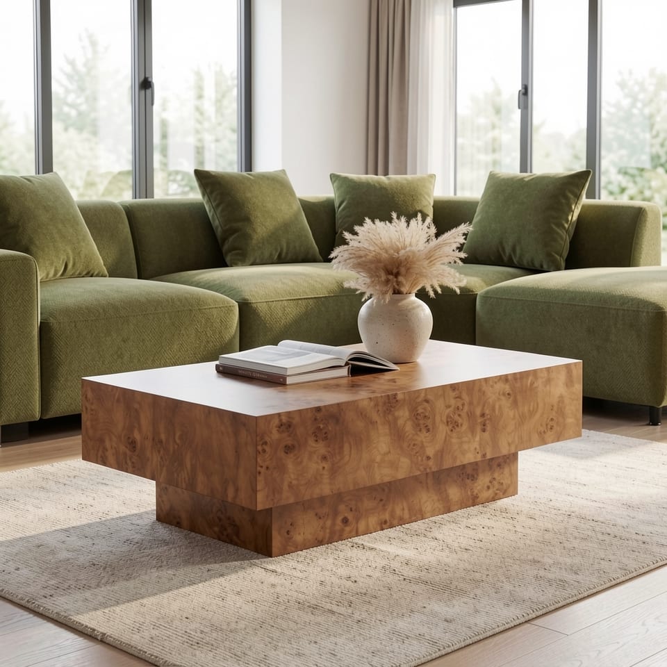 Burl wood veneer coffee table with MDF pedestal base