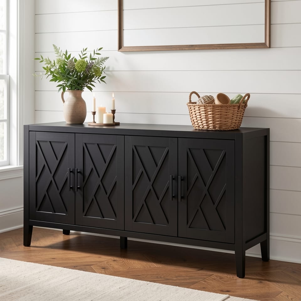 Black wooden sideboard with four doors and adjustable shelf