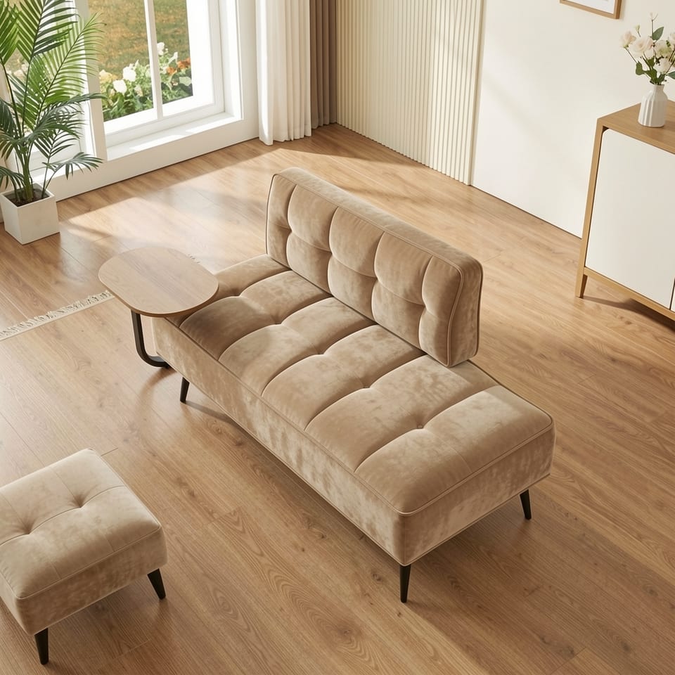 A beige velvet sofa with a backrest and rotating side table in a modern living room