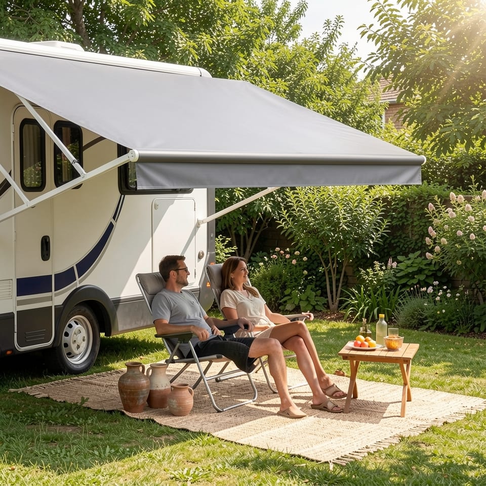 Gray RV awning fabric replacement on a clean background