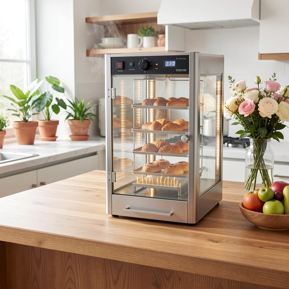 Commercial food warmer display with pizzas inside