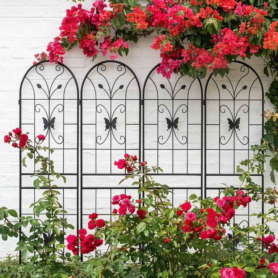Four black metal trellises with butterfly designs against a white wall with pink flowers