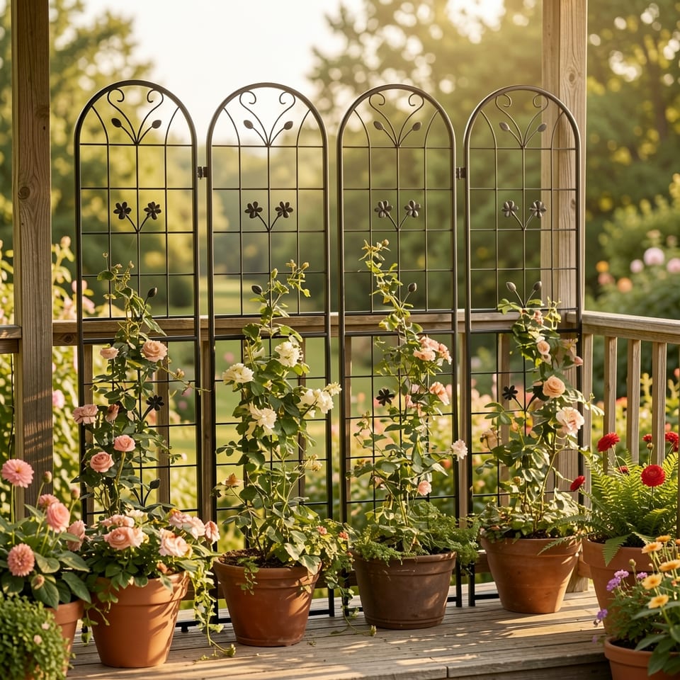 Four black metal garden trellises with arched tops and floral designs, standing against a wall with potted plants and a wooden chair.