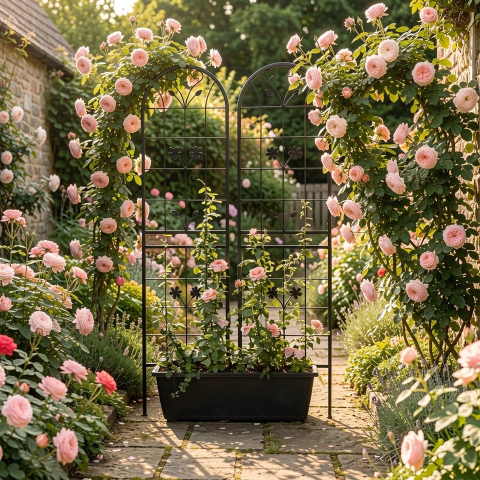 Two black metal garden trellises with arched tops and floral details, standing on a porch with white siding and a brown door.
