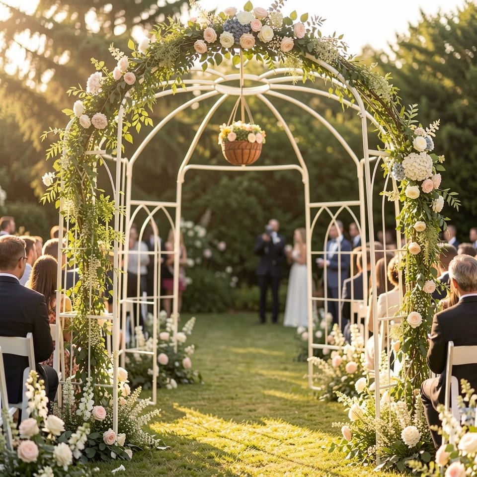 A garden archway with a hanging basket of flowers