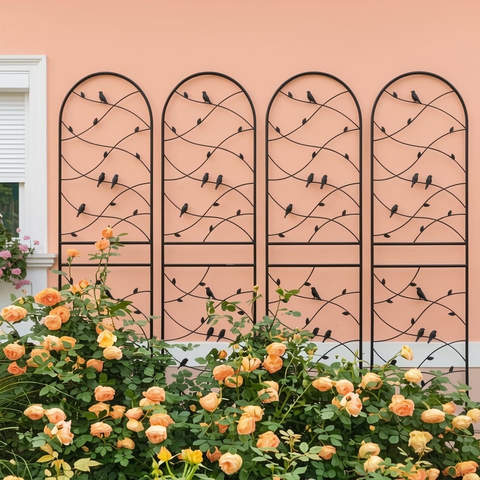 black metal garden trellis with bird and leaf decorations
