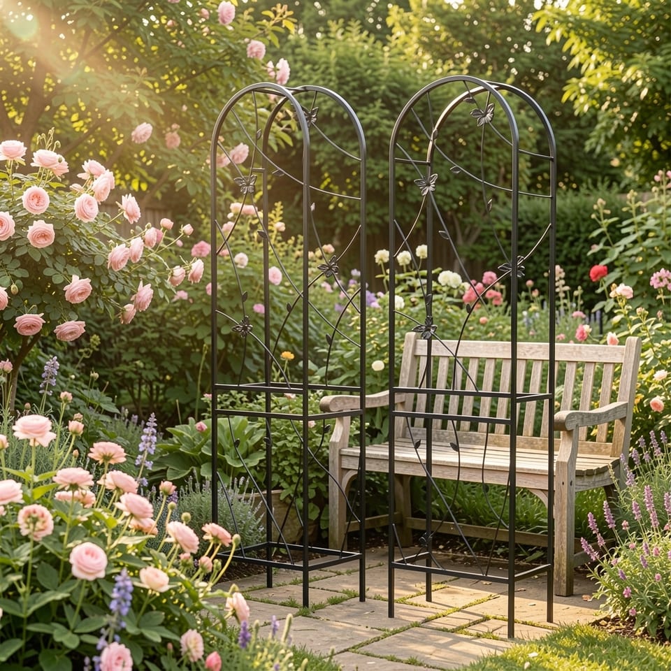 Black metal garden trellis with butterfly designs supporting climbing plants