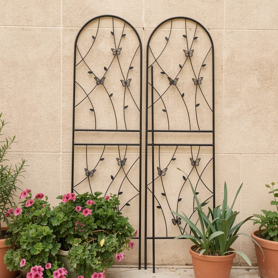 Black metal garden trellis with butterfly design