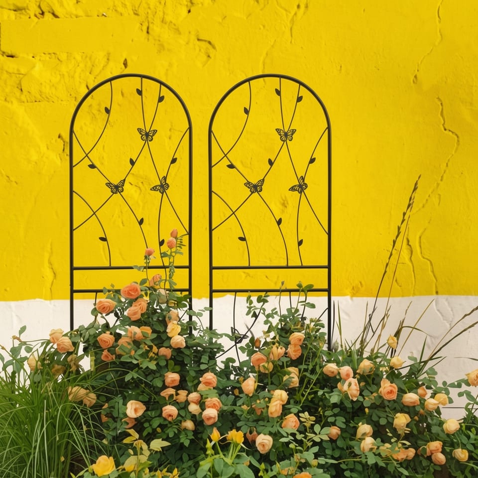 Two black metal garden trellises with butterfly designs standing against a yellow wall, surrounded by peach roses and greenery.