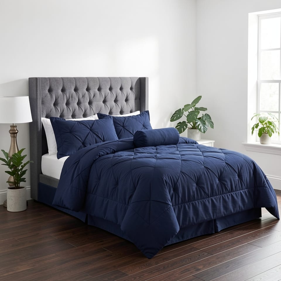Navy blue 7-piece comforter set on a bed