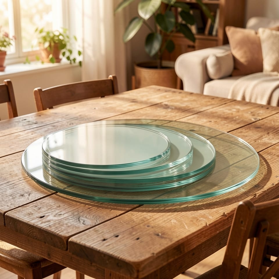 Clear glass table top with beveled edge on white background