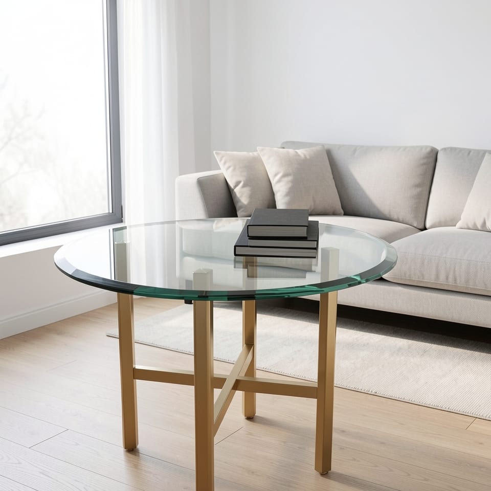 A round glass table top with a beveled edge on a gold base in a room with a vase of flowers and books.