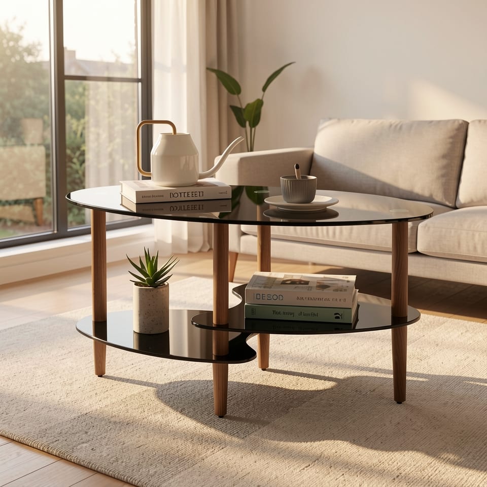 Black oval glass coffee table with oak wood legs