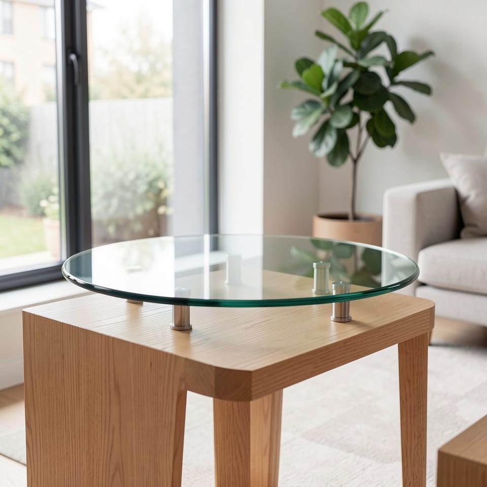 A round glass table top with a polished edge on a gold metal base in a living room