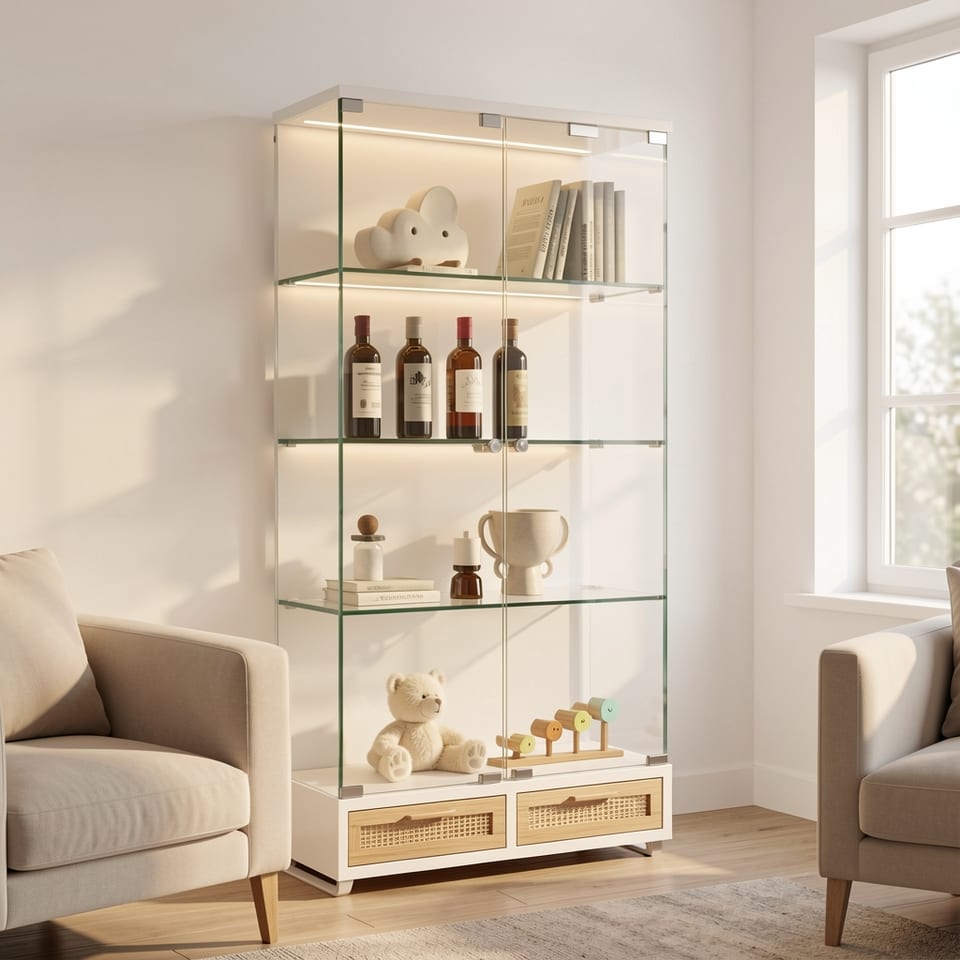 Modern glass display cabinet with white frame and LED lights
