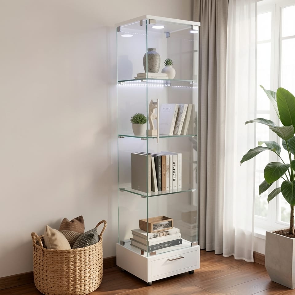 Modern glass display cabinet with LED lights and books