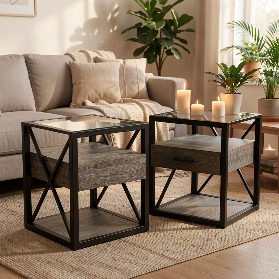 Modern end table with drawer and tempered glass top in a living room