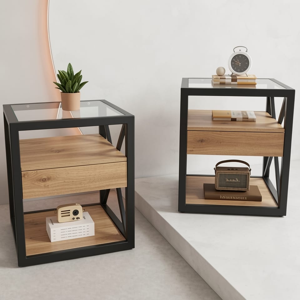 A set of two modern end tables with drawers and glass tops