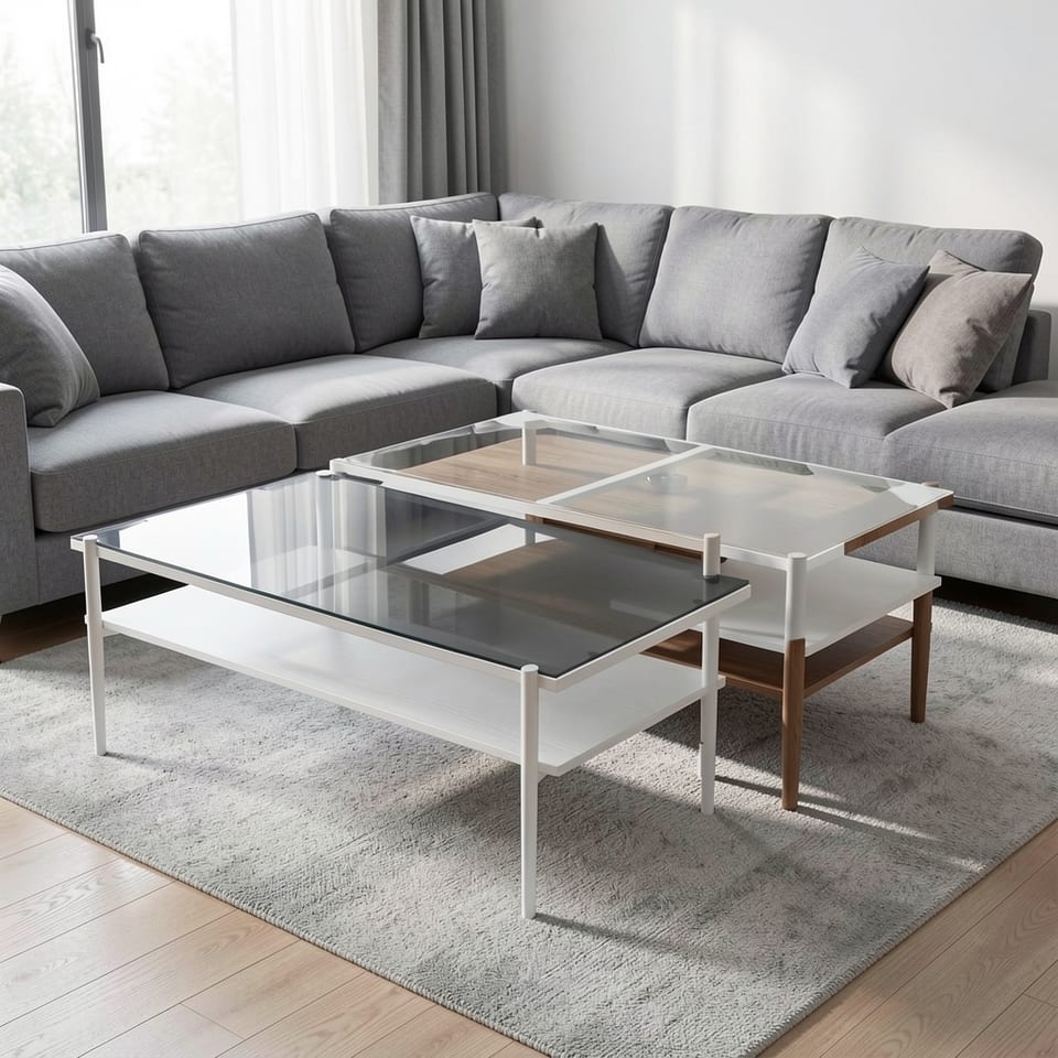 Modern living room with glass coffee table and brown leather sofa
