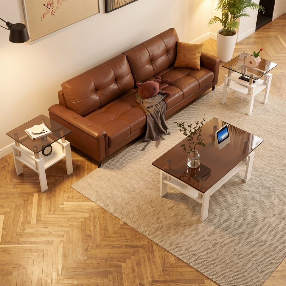 Tempered glass and white MDF coffee table set in a living room