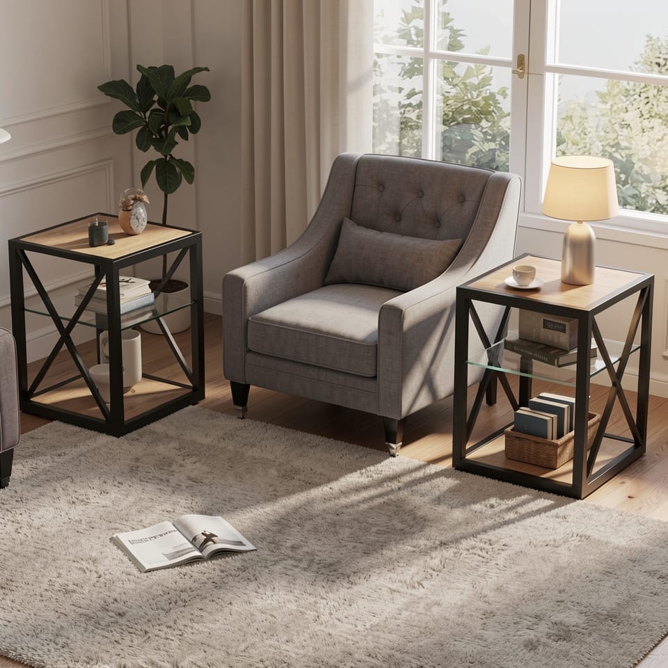 A black metal and wood end table with glass shelves