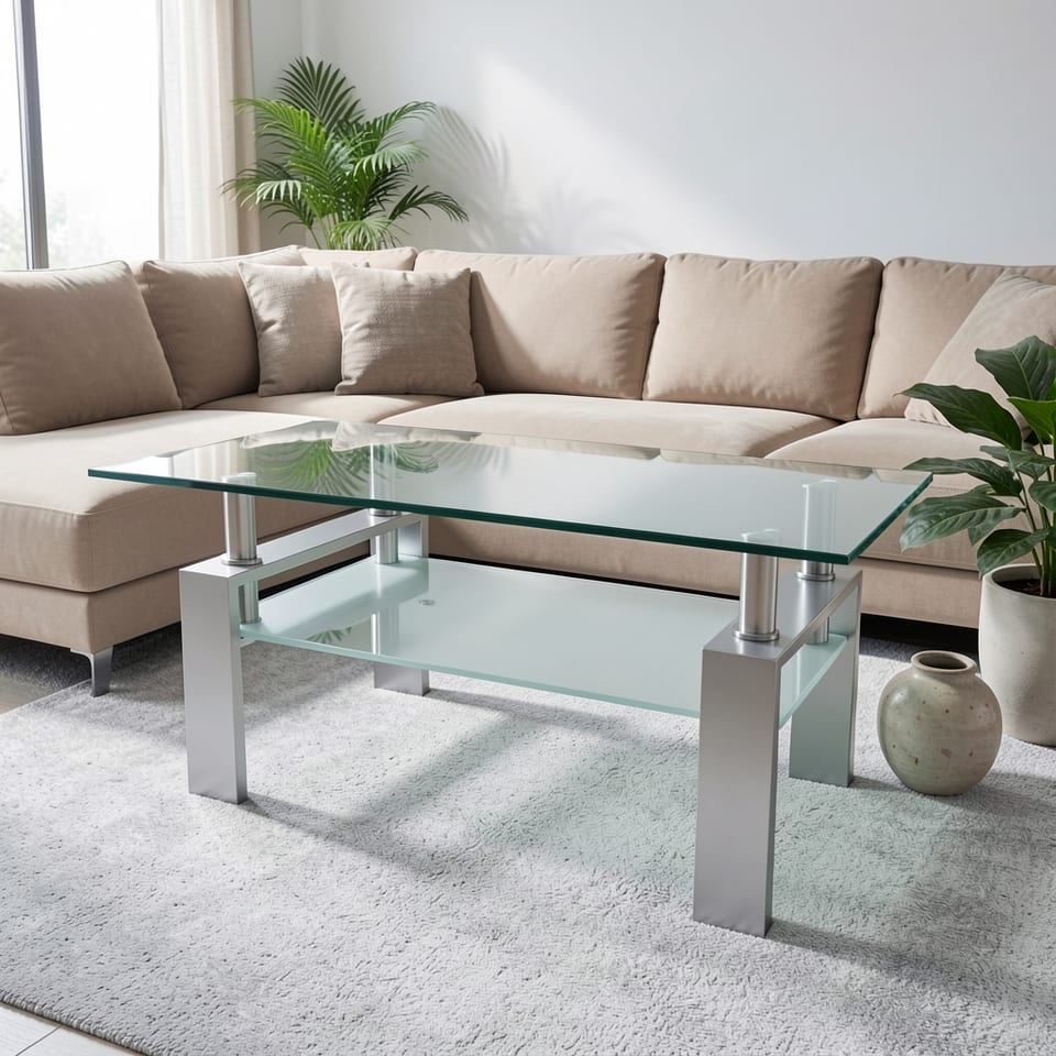 Modern glass coffee table with dark brown wooden base and silver accents