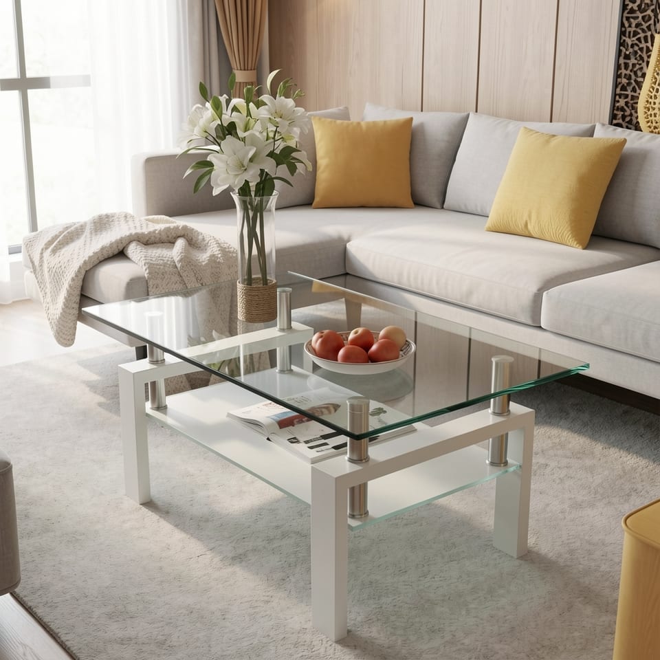 A glass coffee table with a white metal frame in a modern living room