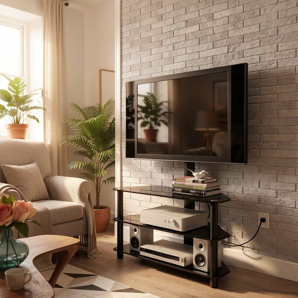 Black 3-tier TV stand with swivel bracket in a modern living room