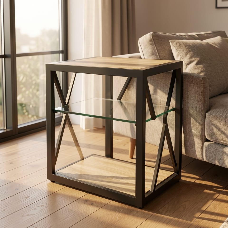 Modern black and wood end table with glass shelf