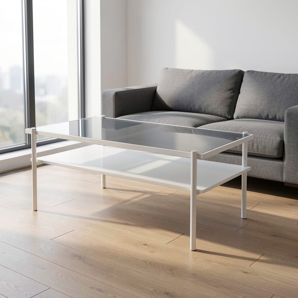 Gray tempered glass top coffee table with white legs on a woven rug
