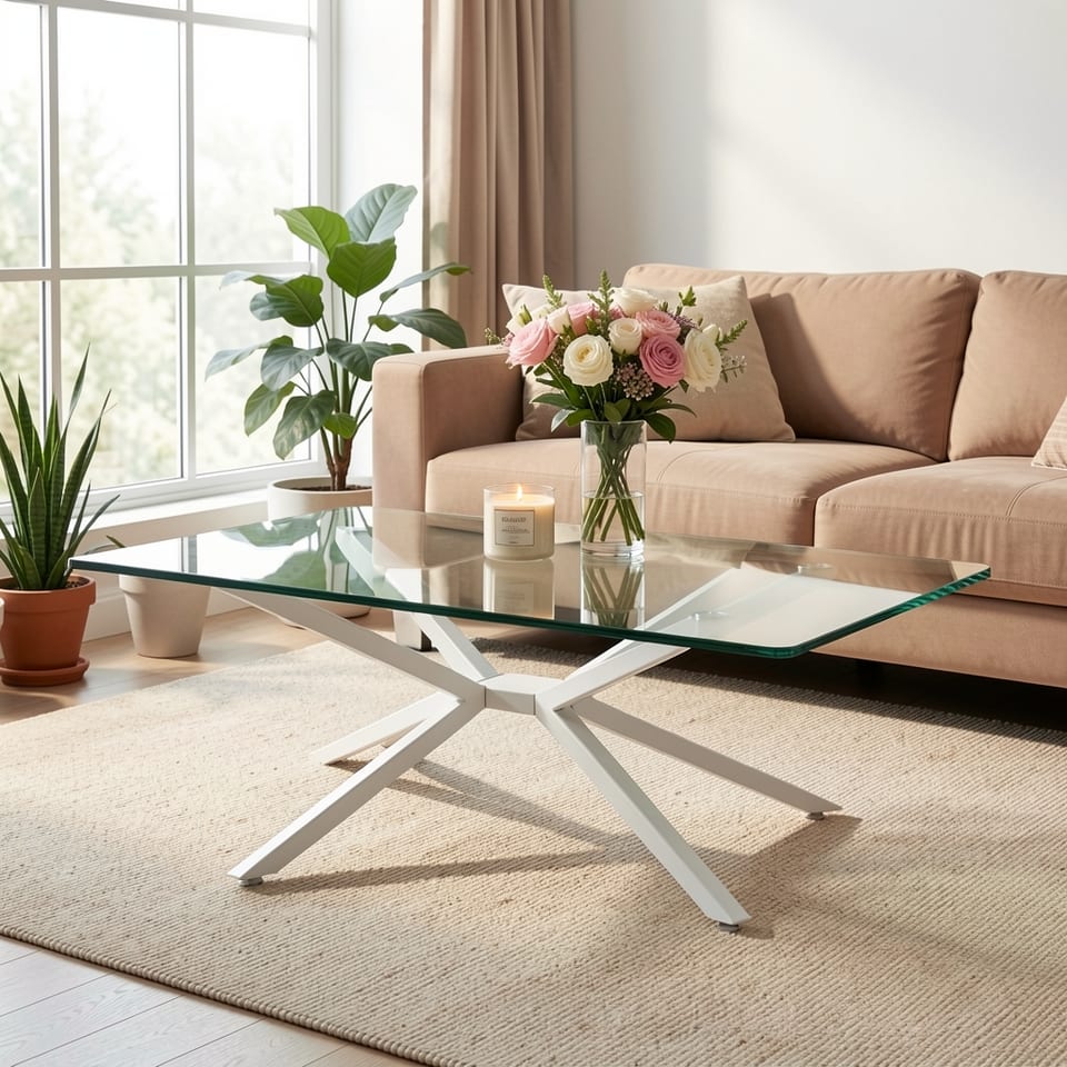 Clear glass coffee table with white metal legs on a seamless light background